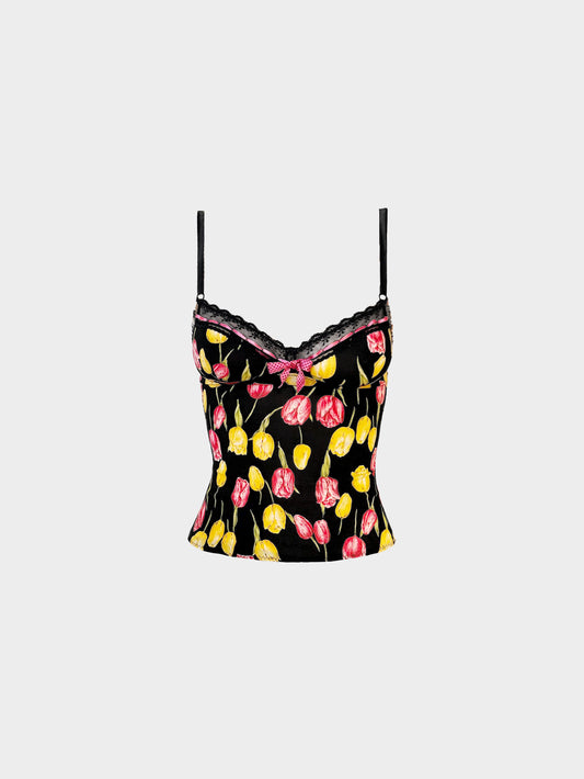 Dolce and Gabbana 2000s Yellow and Pink Tulips Printed Silk Cami Top
