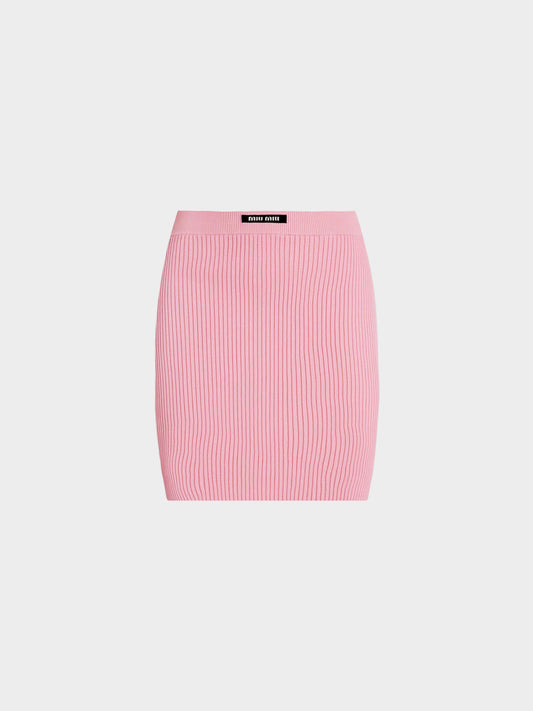 Miu Miu 2022 Pink Knitted Logo Patch Fitted Mini Skirt