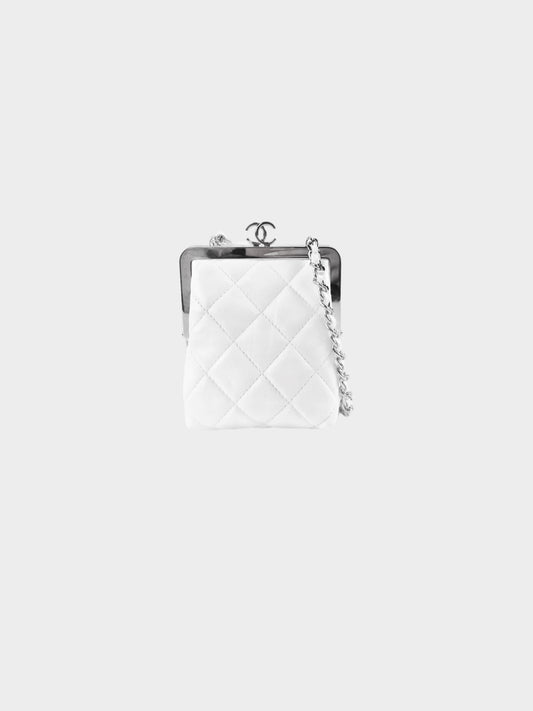 Chanel 2021 White Lambskin Kiss Clutch With Chain