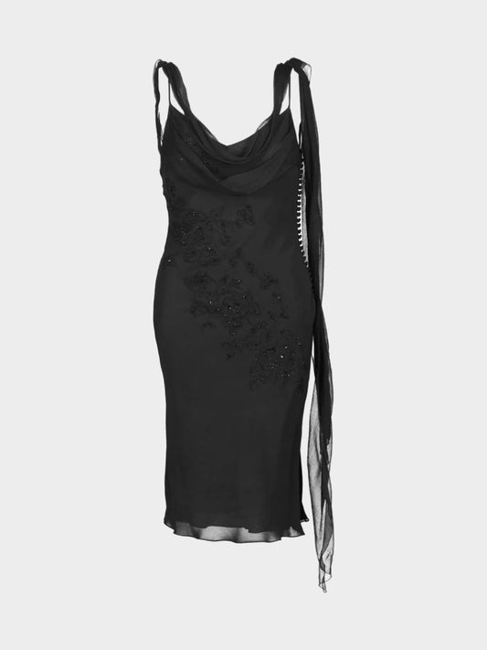 Christian Dior by John Galliano 1997 Black Floral Embroidered Silk Dress