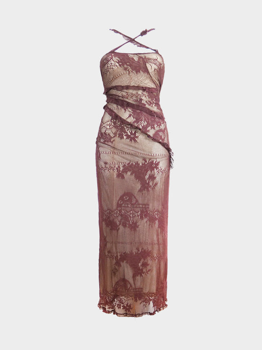 Gianni Versace 2000s Brown Summer Lace Maxi Dress