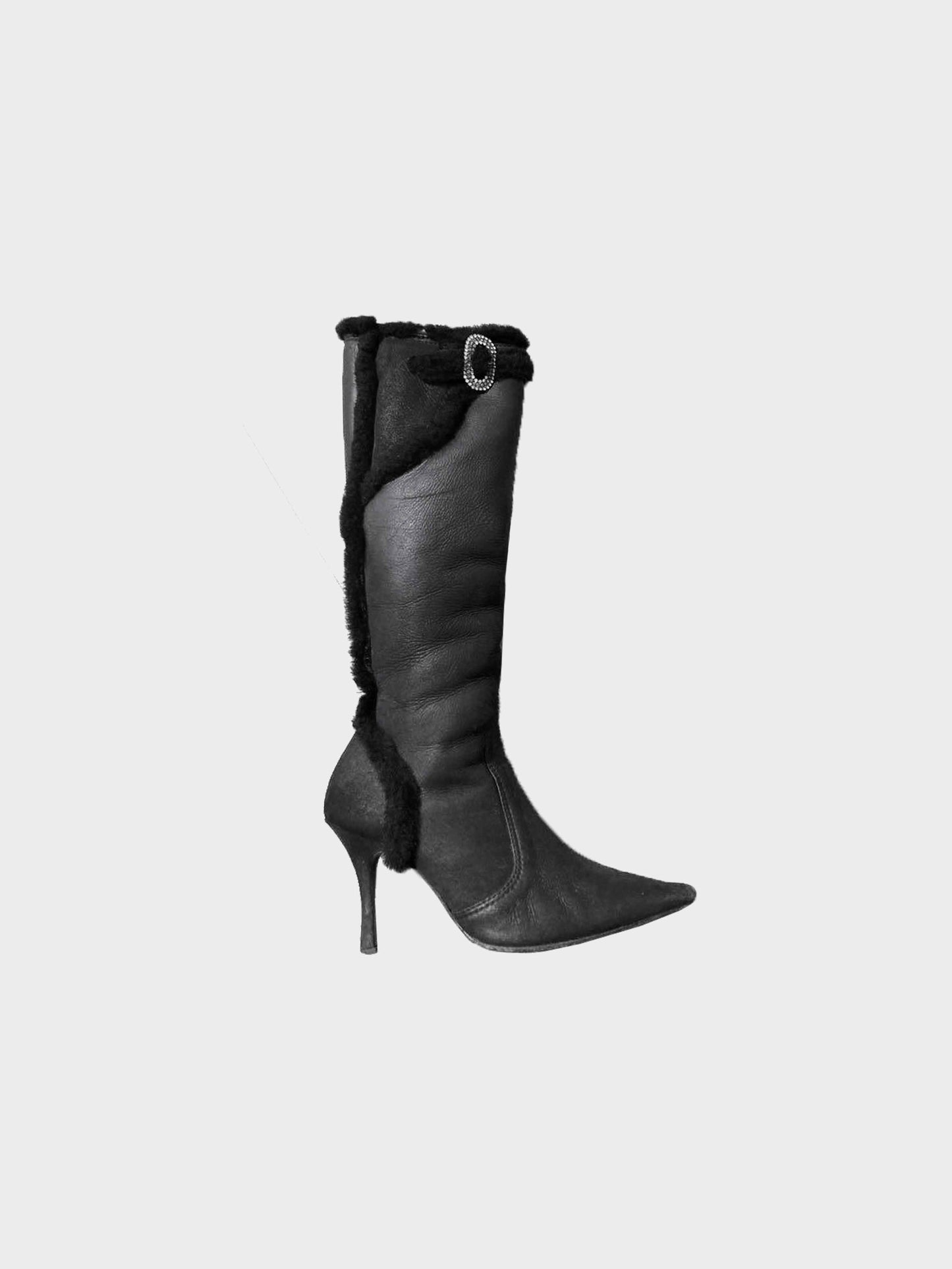 René Caovilla 2000s Black Leather and Fur Trim Long Boots