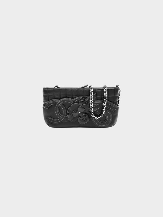 Chanel 2005-2006 Black Leather Chocolate Bar Quilted Camellia Icon Chain Shoulder Bag
