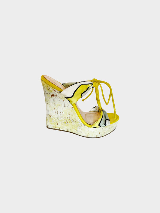 Emilio Pucci 2000s Yellow Satin and Leather Wedge Heels