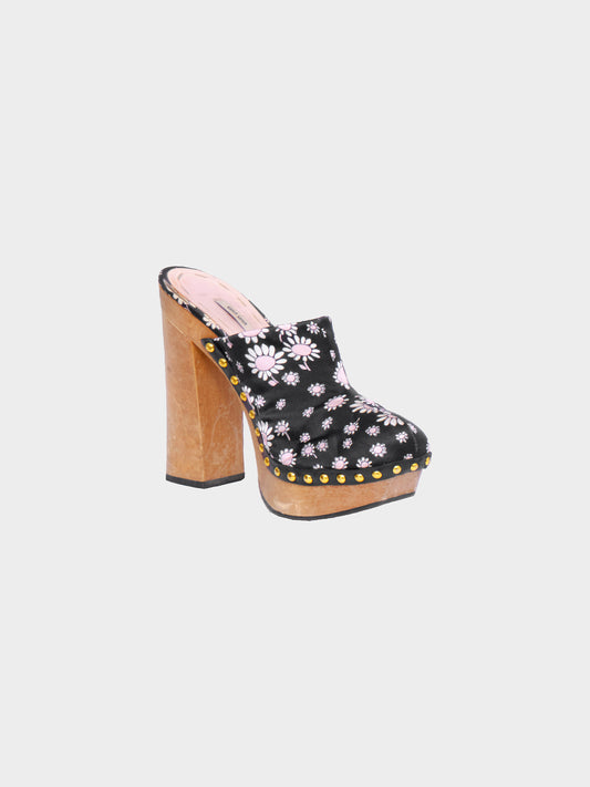 Miu Miu SS 2010 Black Floral Print Satin Clog Heels