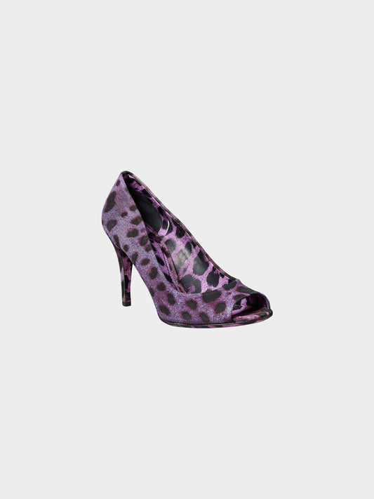 Dolce and Gabbana 2010s Purple Leopard Denim Style Canvas Peep-toe Pumps