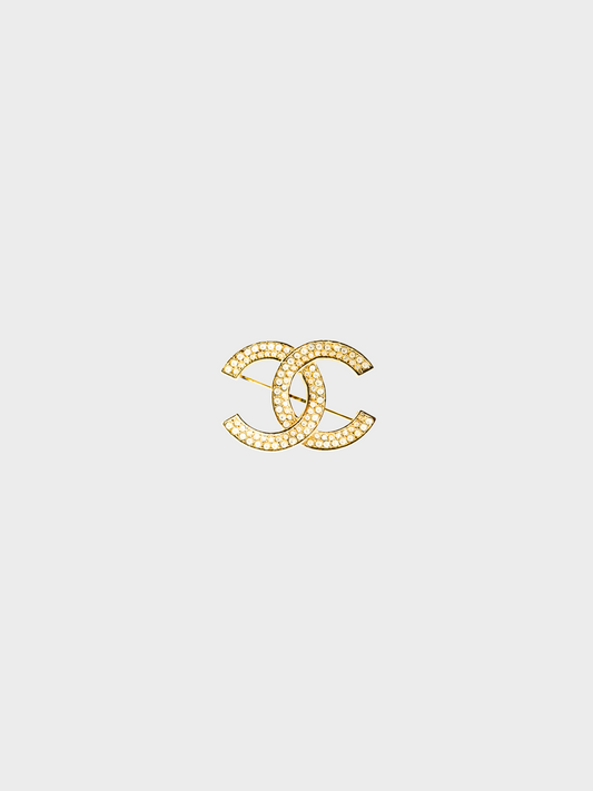 Chanel 1990s Coco Mark Gold Rhinestone Brooch