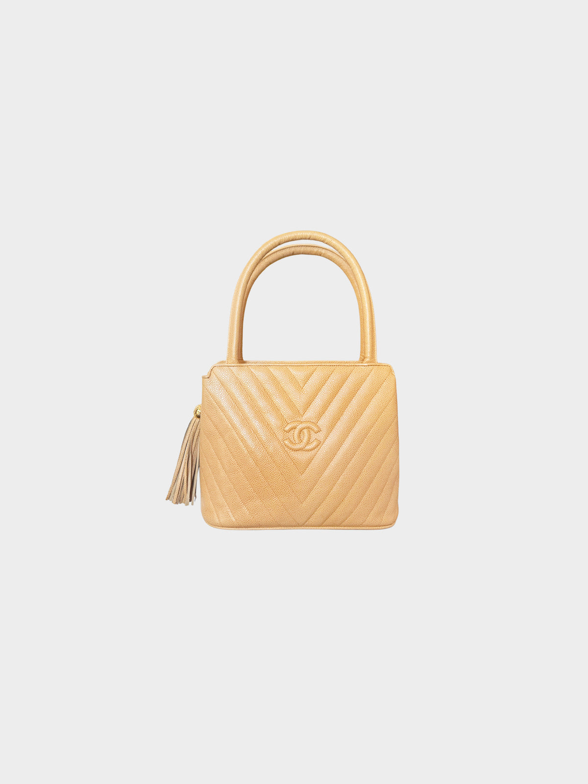 Chanel Early 1991-1994 Beige Caviar Leather Chevron Stitch Tassel Handbag