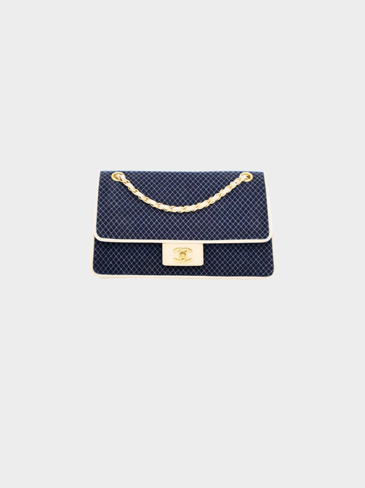 Chanel 2002-2003 Navy and Cream Quilted Jersey Flap