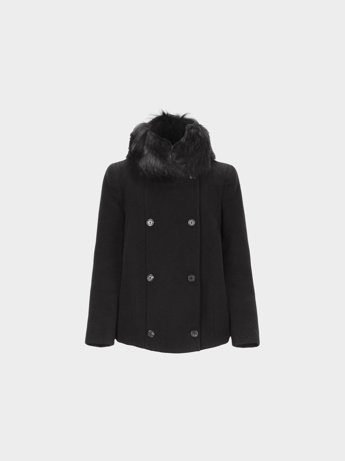 Prada 2009 Black Double Breasted Pea Coat Jacket with Fur Collar