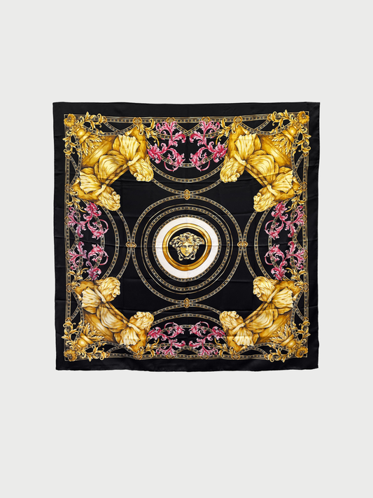 Versace 1990s Black Silk Lion Print Scarf