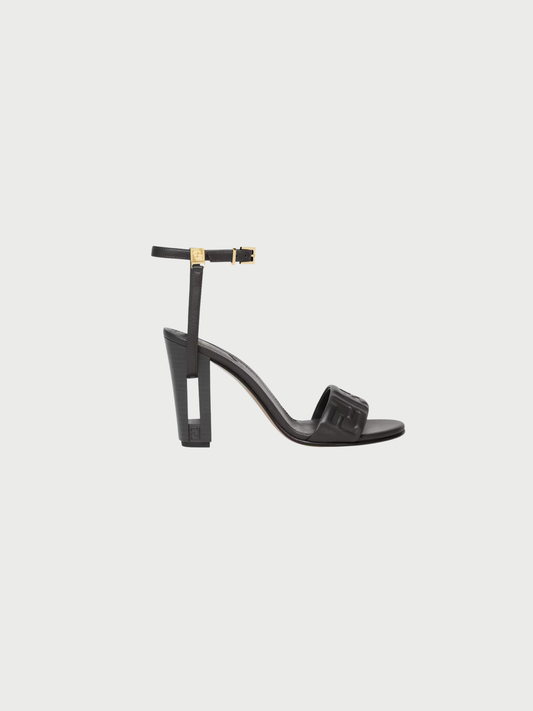 Fendi 2020s Black Nappa Leather FF Delfina Heeled Sandals