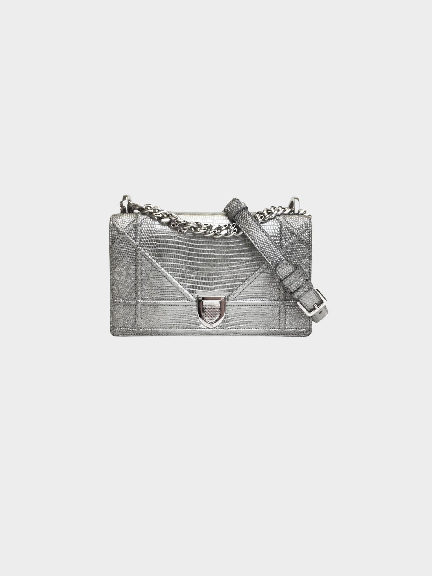 Christian Dior 2015 Metallic Silver Lizard Diorama Small Flap Bag