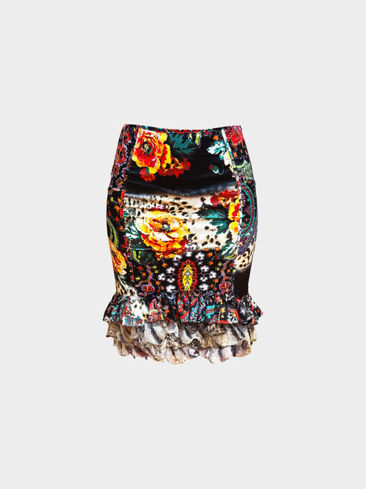 Roberto Cavalli 2000s Multicolor Floral and Leopard Print Fitted Ruffled Skirt