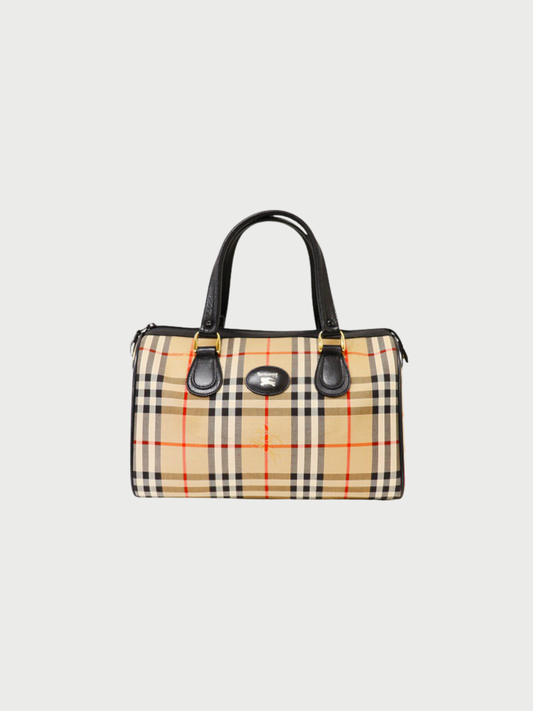 Burberry 2000s Beige Black Check Canvas Leather Boston Bag