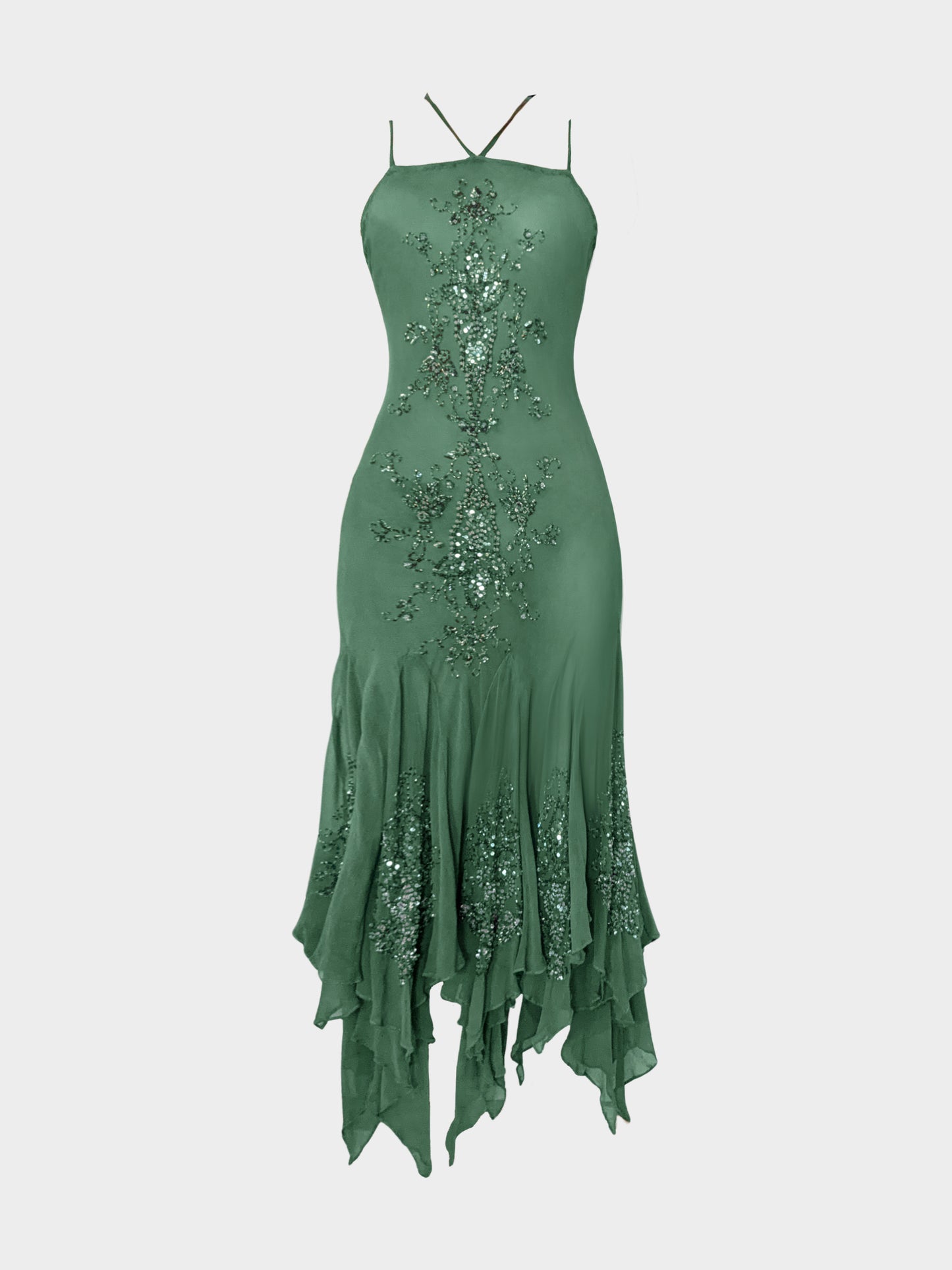 2000s Green Silk Sequin Embellished Dress