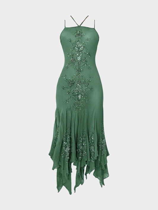 2000s Green Silk Sequin Embellished Dress