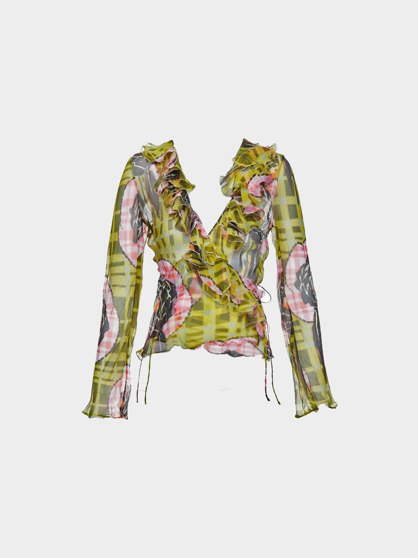 Christian Dior by John Galliano FW 2002 Green and Pink Floral and Check Print Ruffled Wrap Top