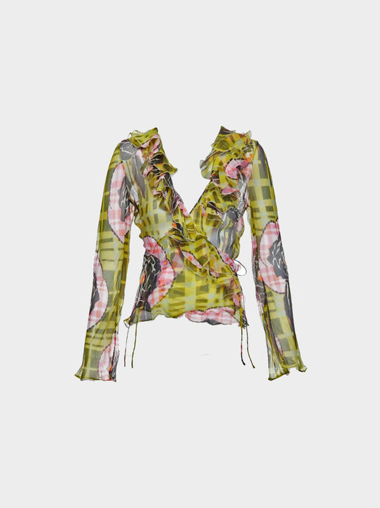 Christian Dior by John Galliano FW 2002 Green and Pink Floral and Check Print Ruffled Wrap Top