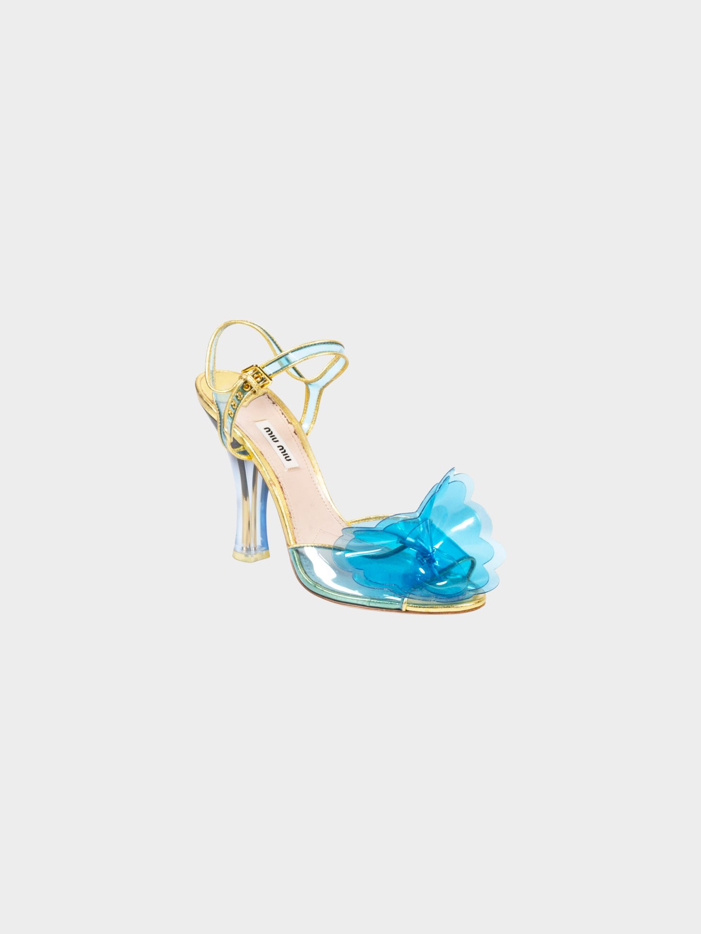 Miu Miu SS 2017 Floral Blue PVC and Gold Leather Plexiglass Heels