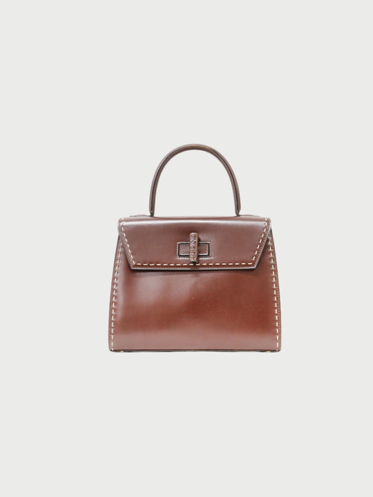 Celine 1990s Brown Leather Turn-Lock Stitch Handbag