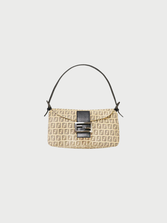 Fendi 2000 Black Beige Zucchino Canvas Leather Mamma Baguette