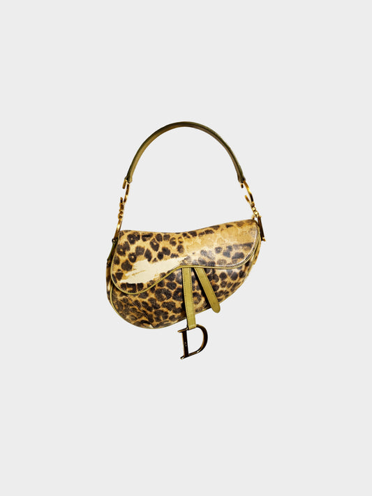 Christian Dior FW 2000 Green Ostrich and Leopard Print Saddle Bag