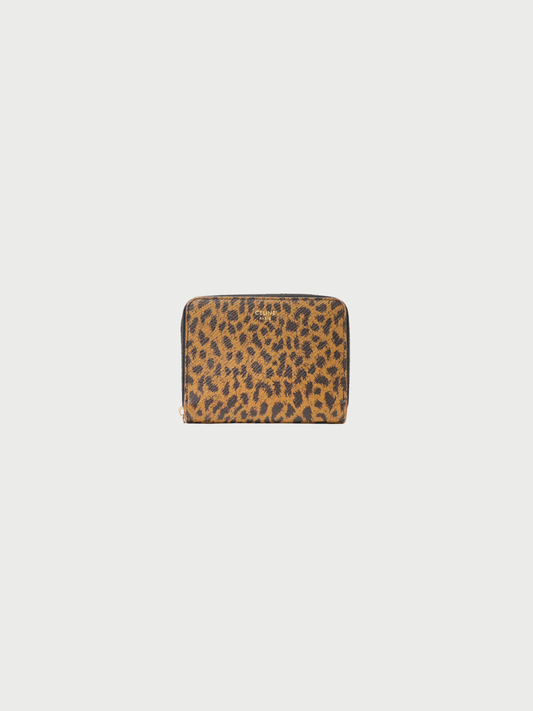 Celine 2000s Brown Black Leopard Print Leather Zip Coin Case