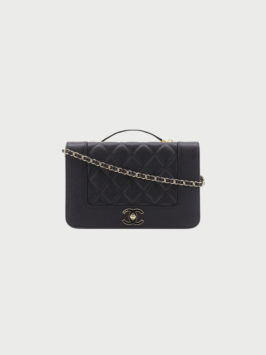 Chanel 2010s Black Caviar Leather Mademoiselle Chain Wallet