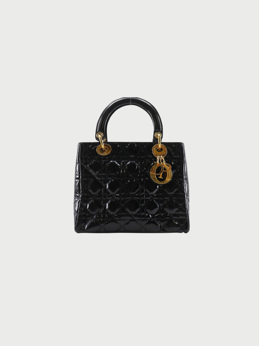 Christian Dior 2000s Black Patent Leather Lady Dior Medium Handbag