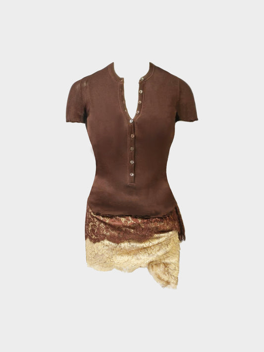 Dolce and Gabbana 2000s Brown Knitted Top and Lace Skirt Set