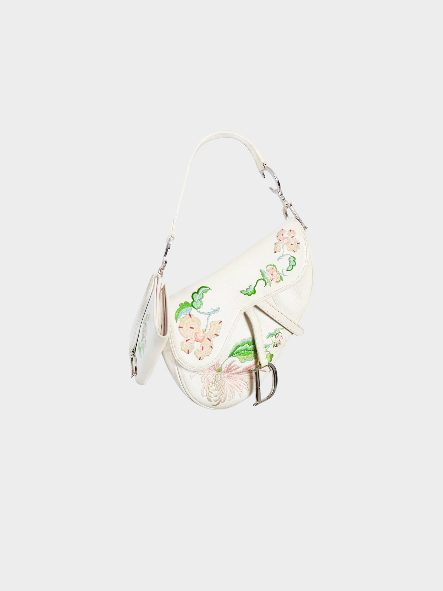 Christian Dior by John Galliano 2005 Off White Floral Embroidered Saddle Bag and Wallet Set