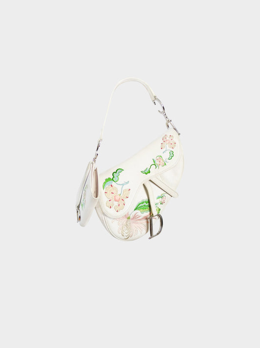 Christian Dior by John Galliano 2005 Off White Floral Embroidered Saddle Bag and Wallet Set