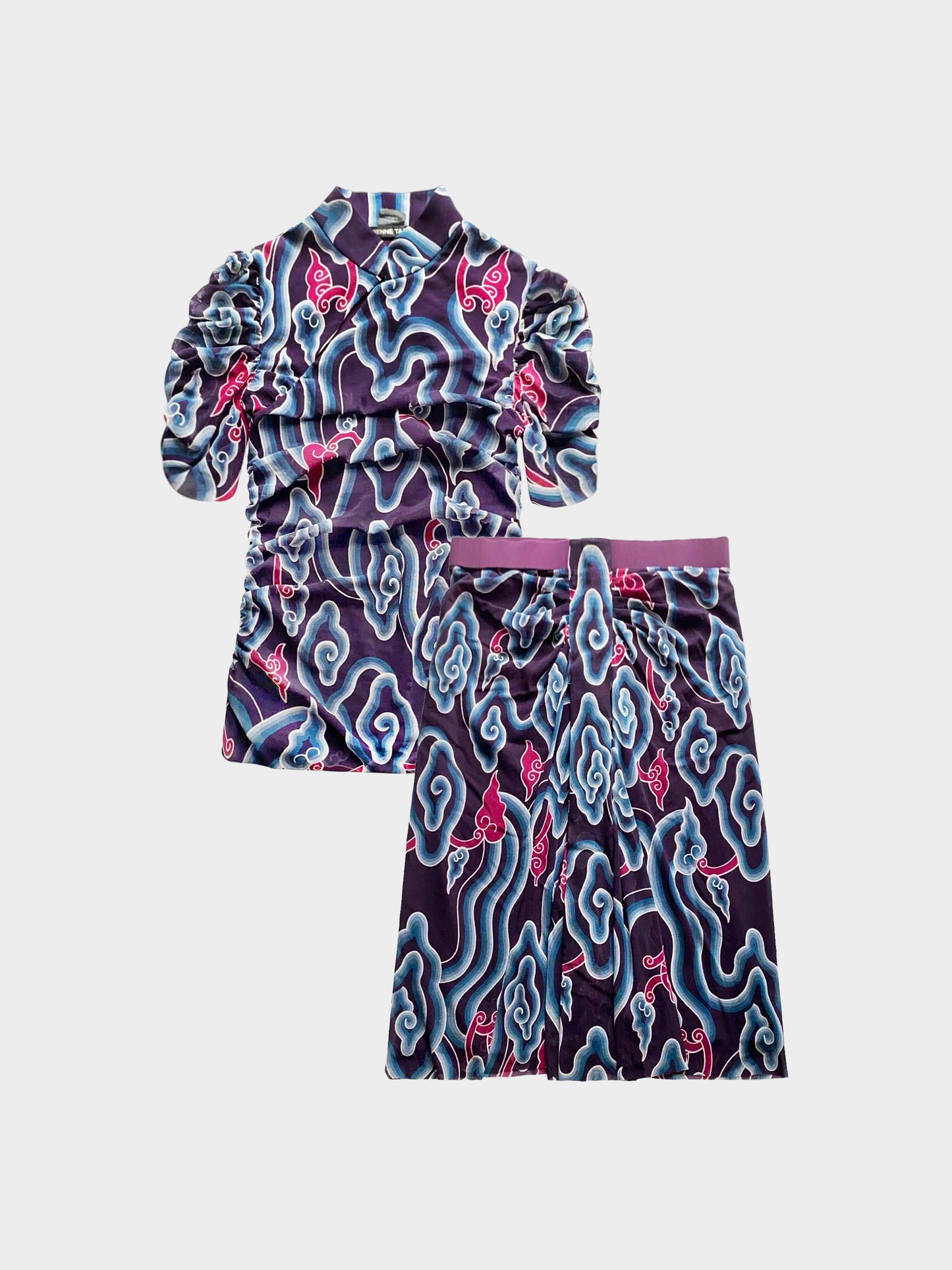 Vivienne Tam 2000s Purple Abstract Dragons Clouds Print Mesh Top and Skirt Set