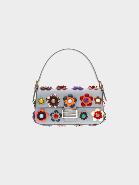 Fendi 2023 Blue Leather Floral Baguette Bag