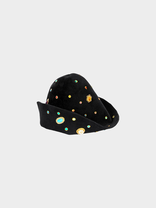 Christian Lacroix 1990s Black Felt Faux Stones Embellished Hat