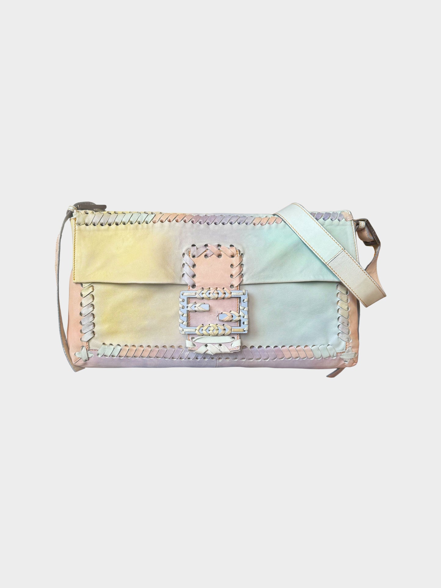 Fendi 2008 Pastel Rainbow Leather Whipstitch XL Baguette