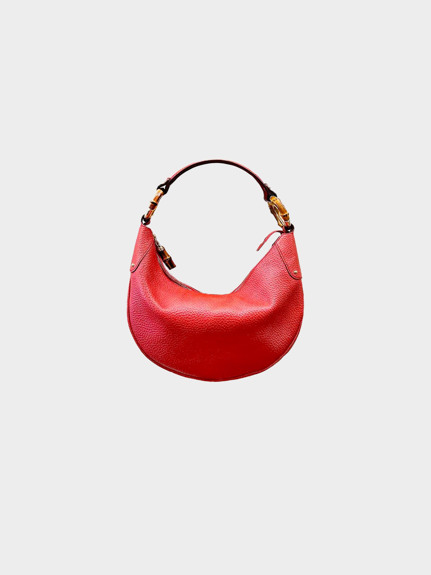 Gucci Early 2000s Red Pebbled Leather Bamboo Ring Hobo Bag