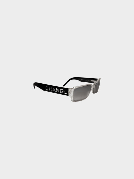 Chanel Early 2000s Black and Clear Translucent Logo Rhinestone Rectangular Sunglasses
