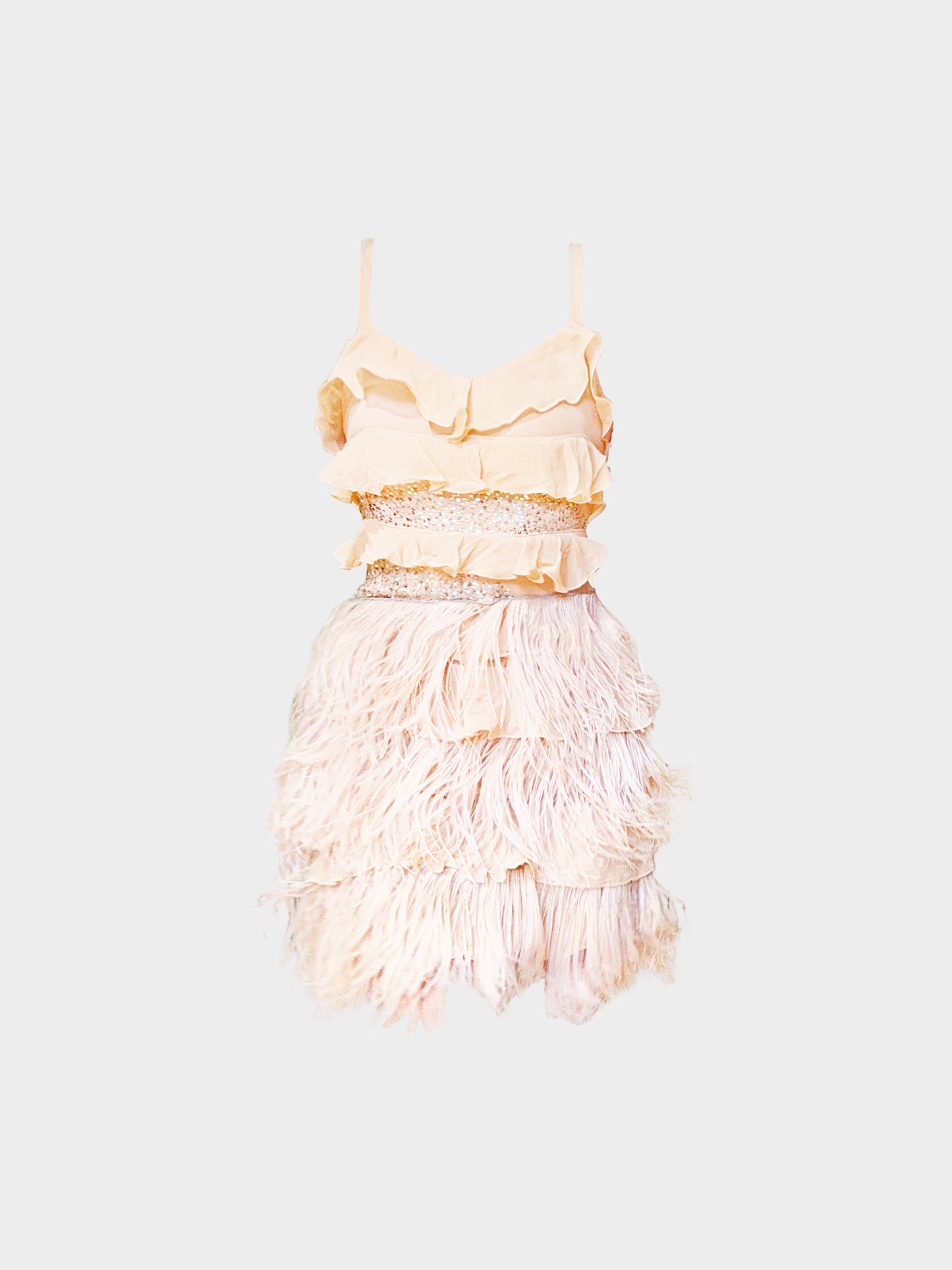 Blumarine 2000s Blugirl Beige Chiffon Sequin Embroidered and Tiered Fringe Dress