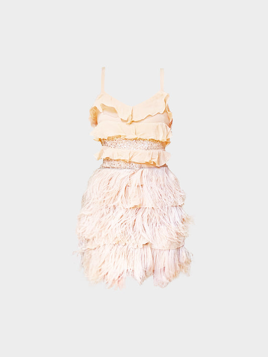 Blumarine 2000s Blugirl Beige Chiffon Sequin Embroidered and Tiered Fringe Dress