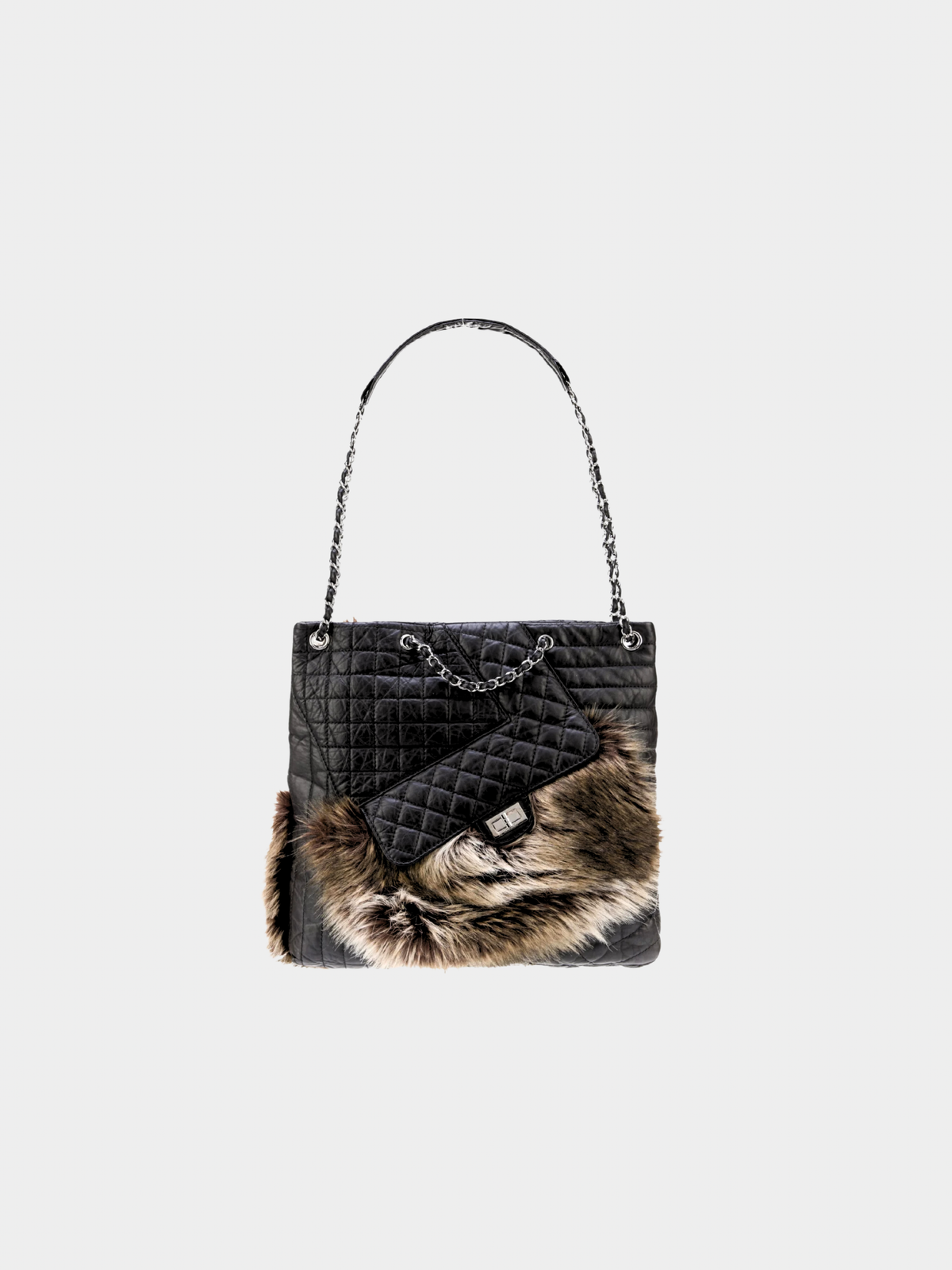 Chanel FW 2010 Black Calfskin Faux Fur Tote Bag