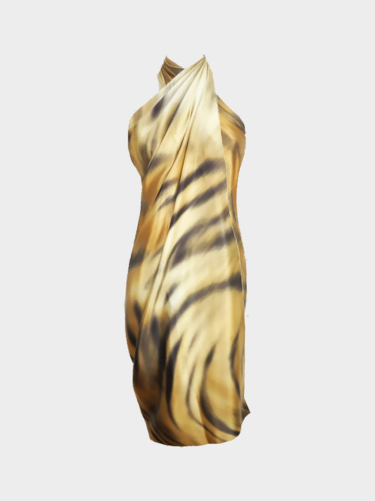 Roberto Cavalli 2000s Beige and Brown Gradient Tiger Print Silk Silk Maxi Pareo