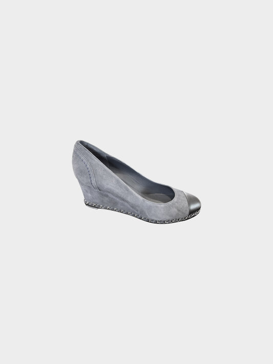 Chanel 2010s Grey and Black Suede Chain-link Wedge Pumps