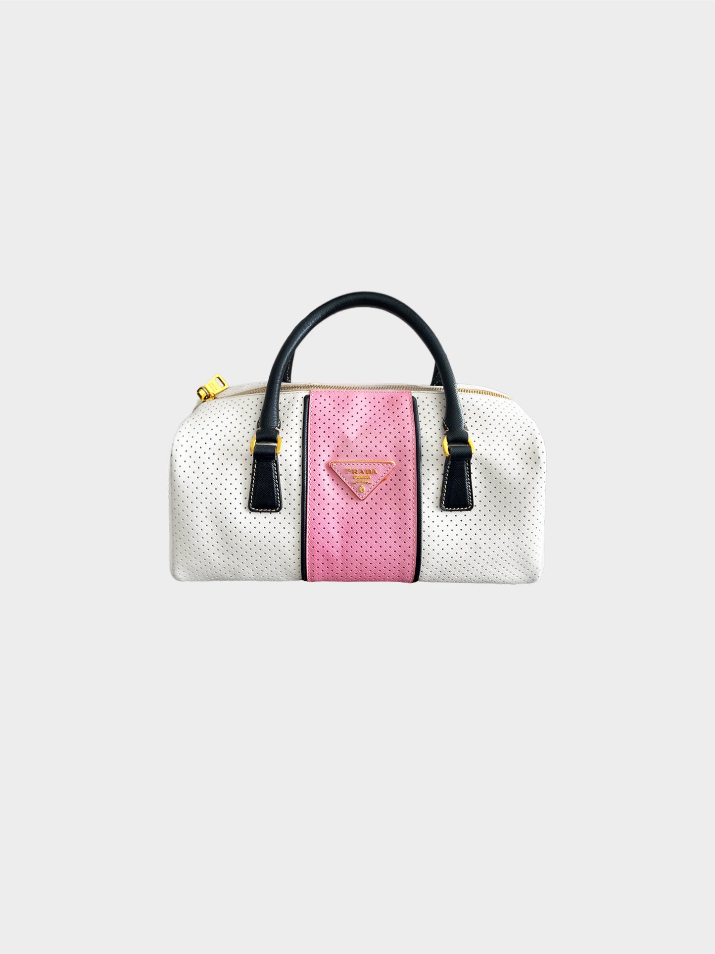 Prada 2010s White Saffiano Perforated Striped Shoulder Bag