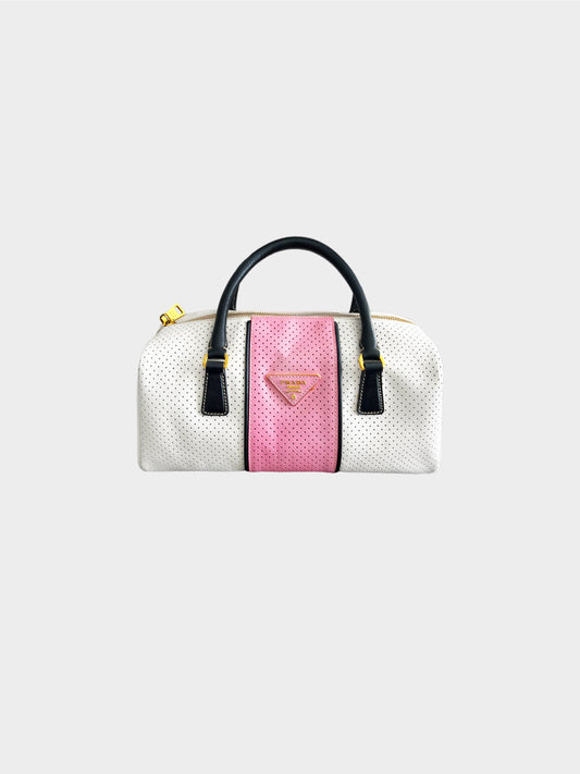 Prada 2010s White Saffiano Perforated Striped Shoulder Bag