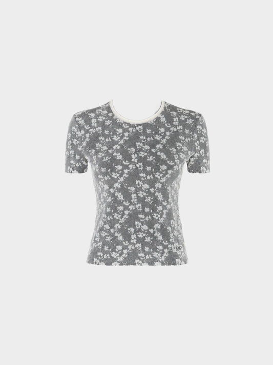 Fendi 2020s Black Cream Floral Jacquard Logo T-Shirt