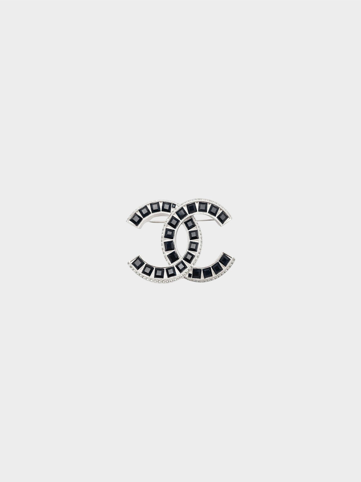 Chanel 2015 Silver and Black Rhinestone CC Brooch