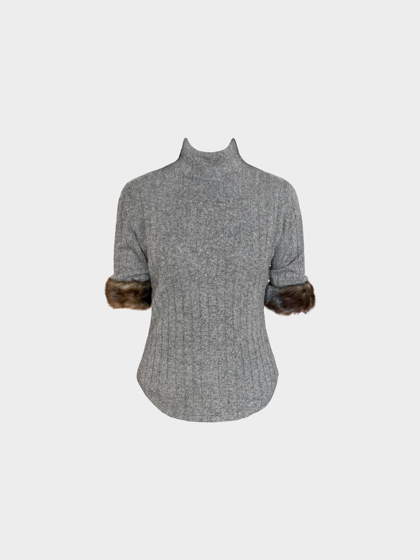 Blumarine 1990s Grey Wool Knit Top with Fur Trim