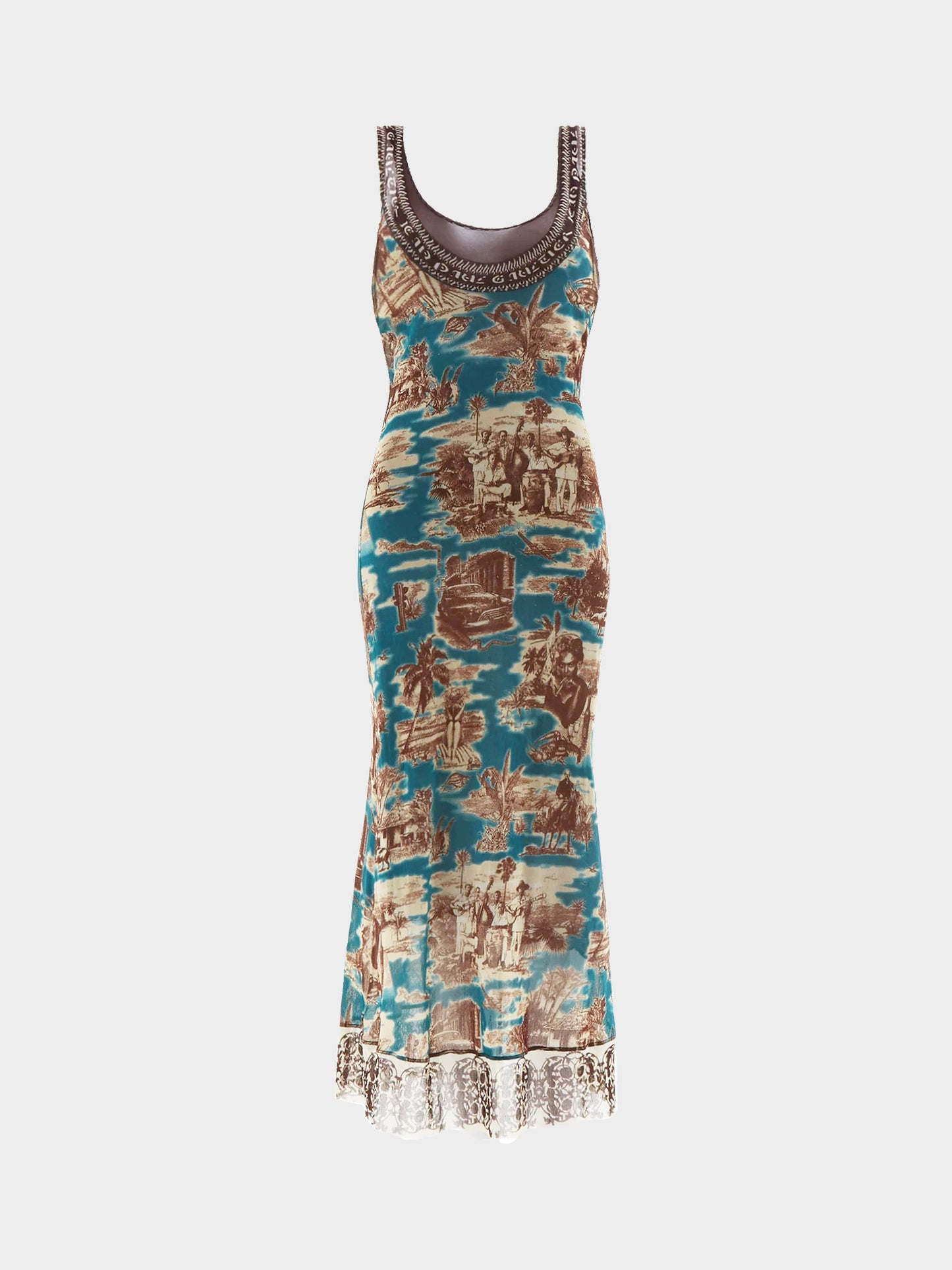 Jean Paul Gaultier SS 1998 Cuba Print Mesh Maxi Dress